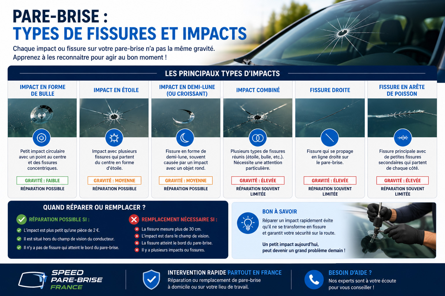 Types de fissures et impacts sur un pare-brise