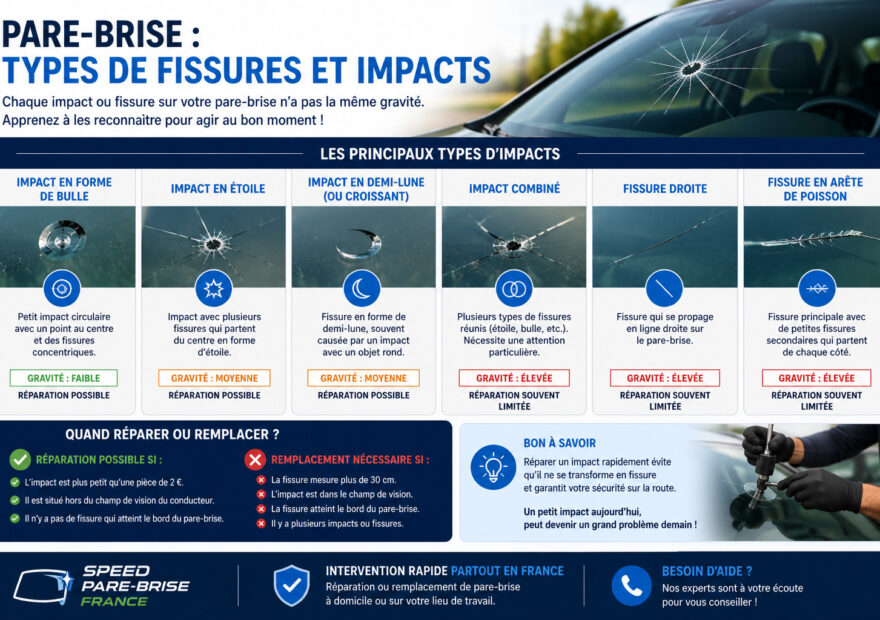 fissures et impacts sur un pare-brise