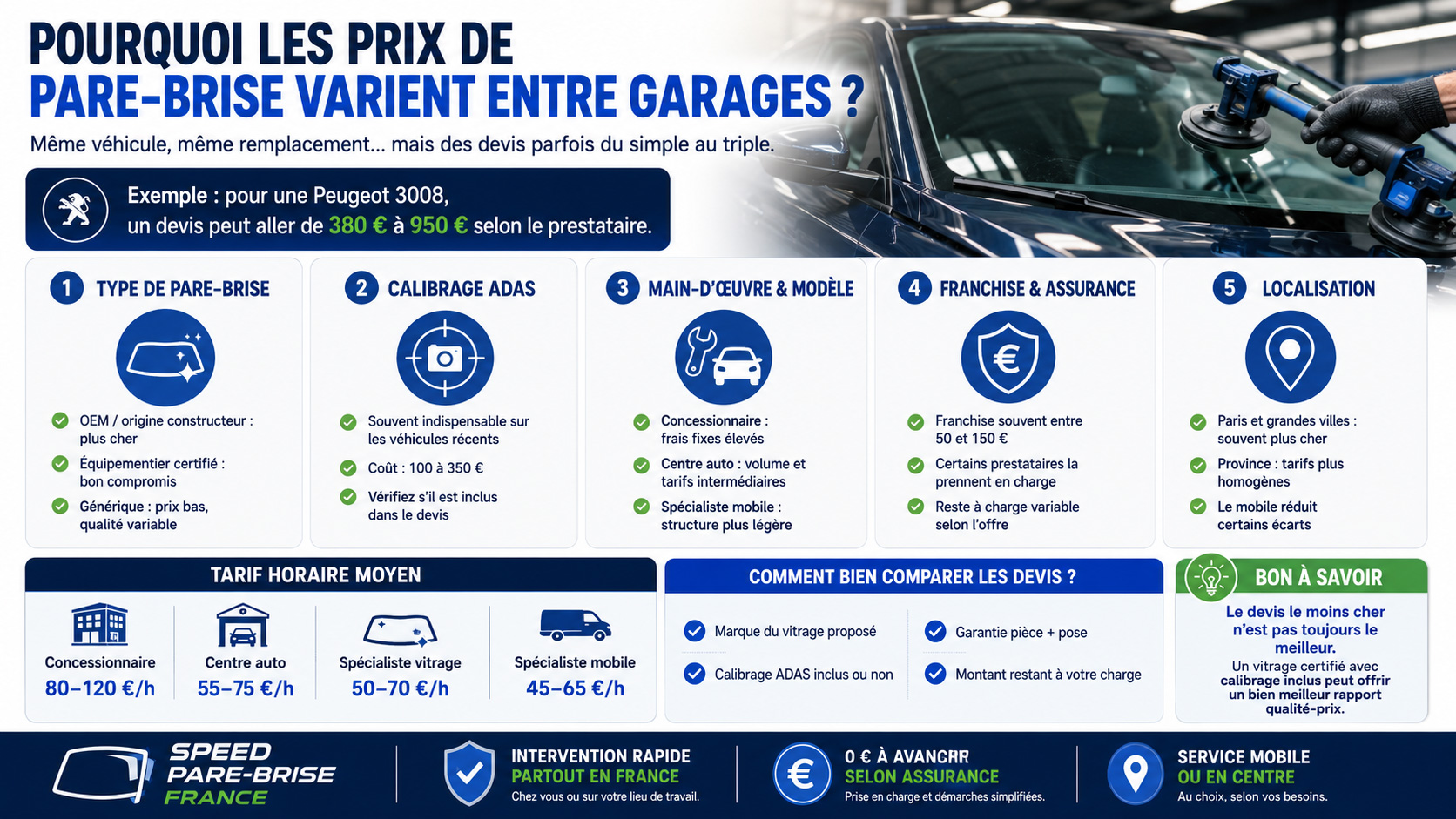 prix de pare-brise varient entre garages
