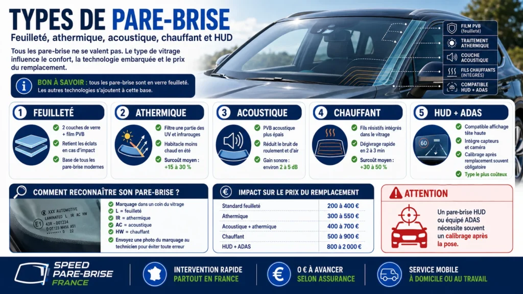 Illustration des différents types de pare-brise automobile